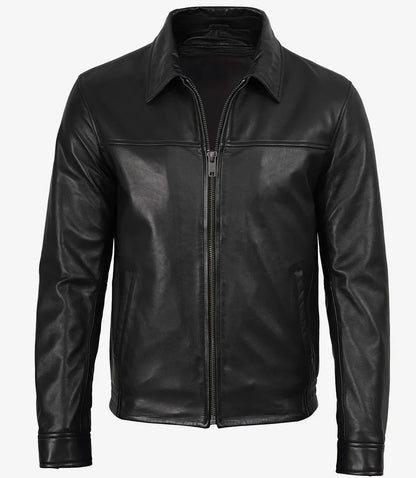 Carlton Men's Black Shirt Collar Bomber Leather Jacket