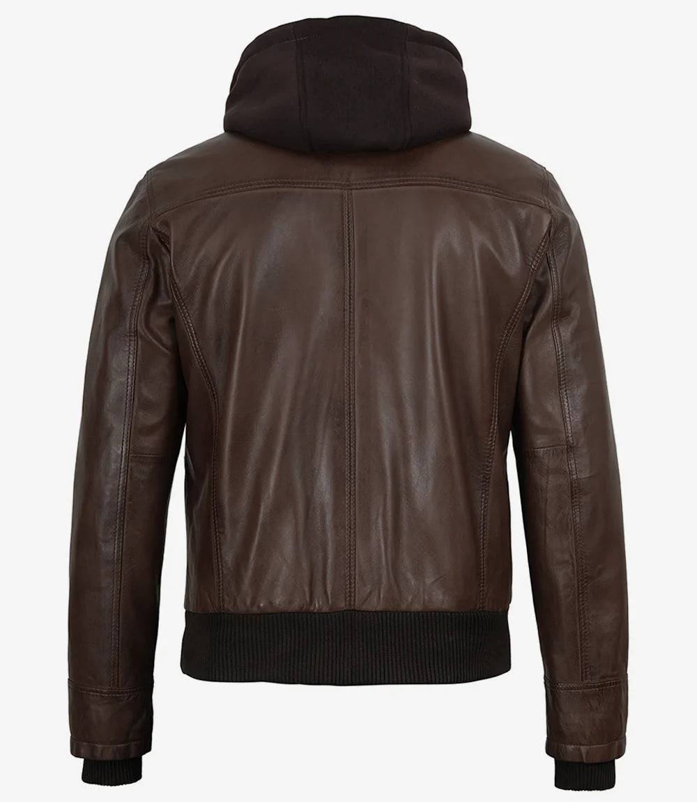 Men's Dark Brown Bomber Leather Jacket With Removable Hood
