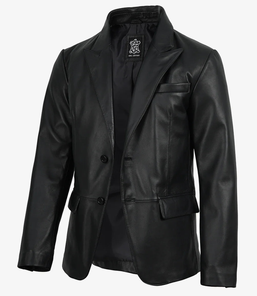 Cedric Men’s Black Lambskin Leather Blazer – Peak Lapel Tailored Fit