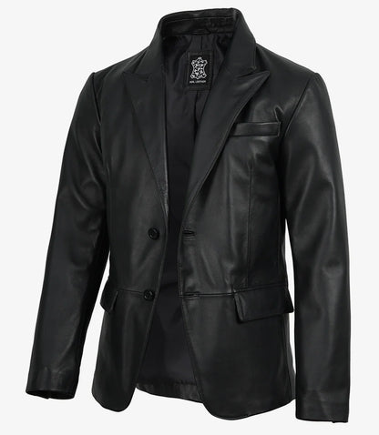 Cedric Men’s Black Lambskin Leather Blazer – Peak Lapel Tailored Fit