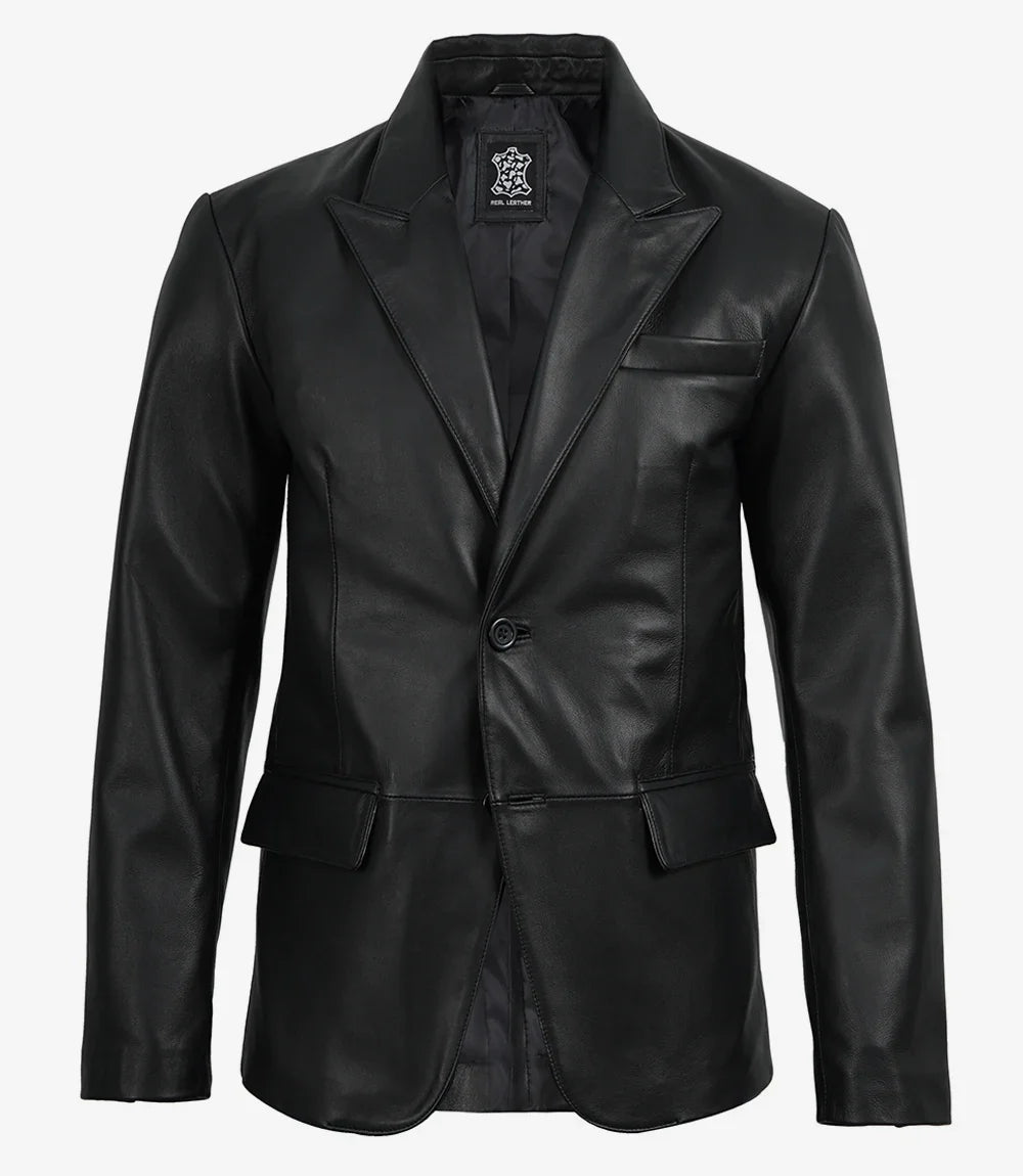 Cedric Men’s Black Lambskin Leather Blazer – Peak Lapel Tailored Fit