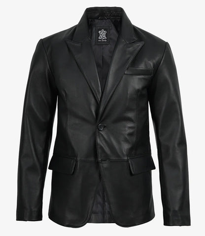 Cedric Men’s Black Lambskin Leather Blazer – Peak Lapel Tailored Fit