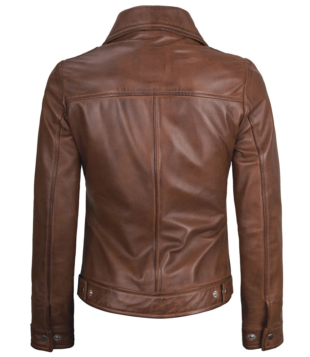 Womens Shirt Collar Cognac Leather Jacket