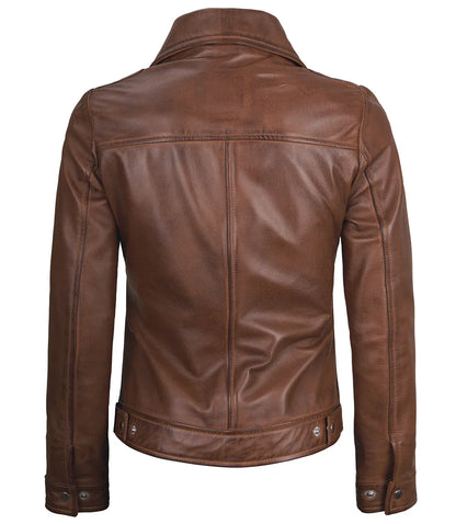 Womens Shirt Collar Cognac Leather Jacket