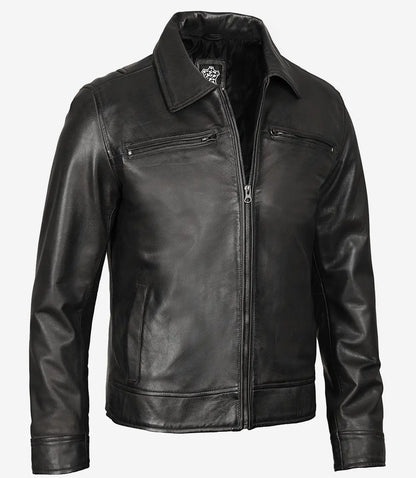 Mens Classic Shirt Collar Black Leather Jacket