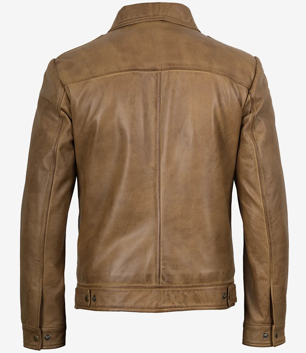 Mens Yellow Waxed Shirt Collar Harrington Leather Jacket
