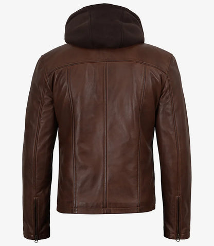 Mens Cognac Waxed Biker Style Leather Jacket with Hood