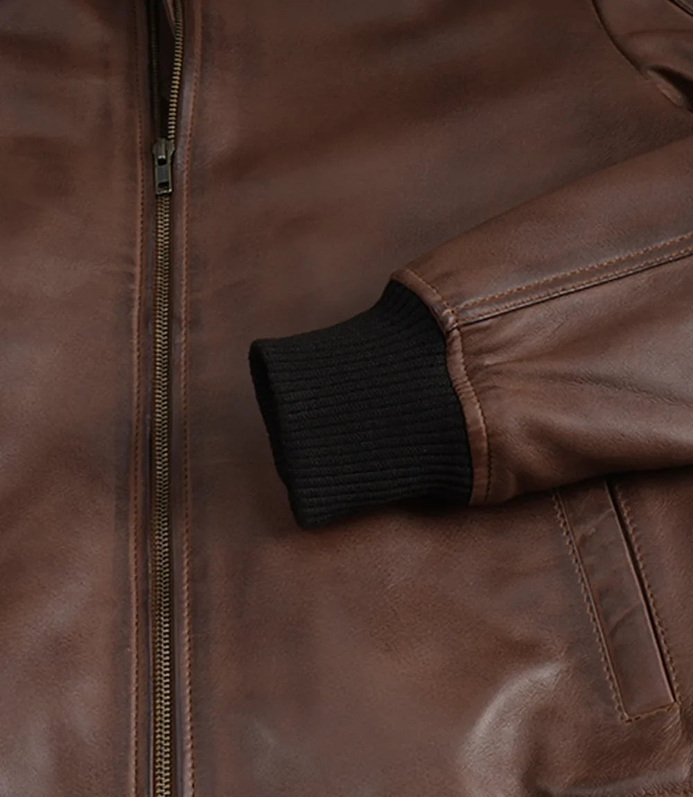 Men's Cognac Waxed Real Leather Bomber Jacket
