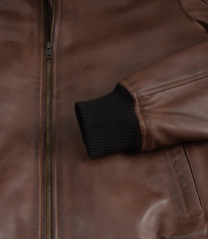 Men's Cognac Waxed Real Leather Bomber Jacket