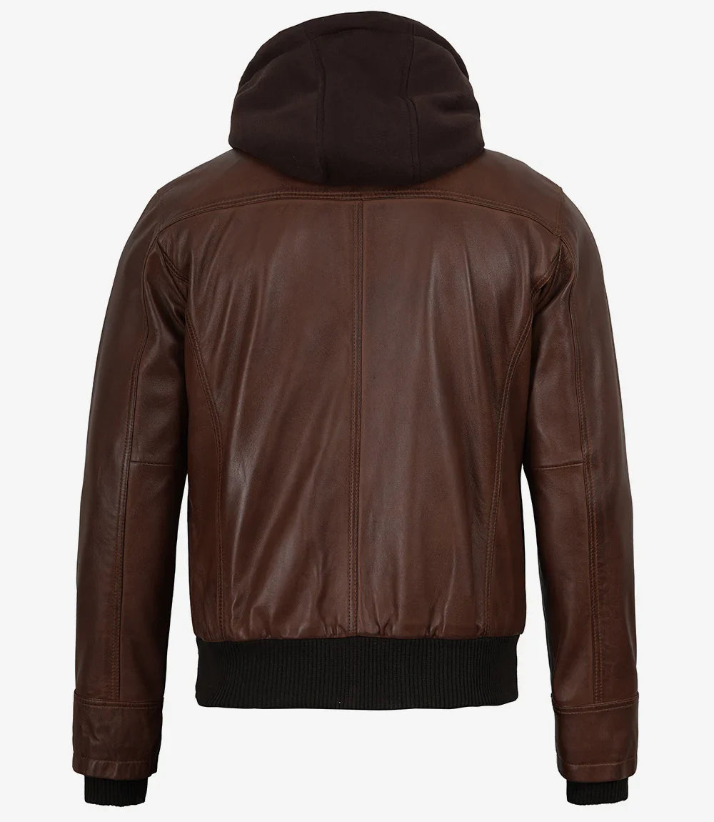 Mens Cognac Waxed Bomber Leather Jacket With Hood