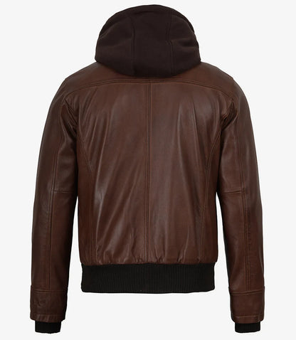 Mens Cognac Waxed Bomber Leather Jacket With Hood