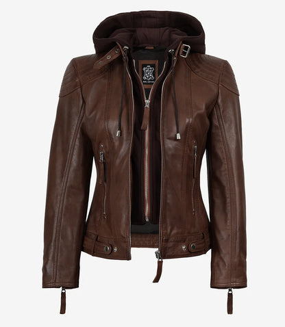 Women’s Cognac Brown Lambskin Hooded Leather Jacket (2-in-1 Style)
