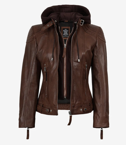 Women’s Cognac Brown Lambskin Hooded Leather Jacket (2-in-1 Style)