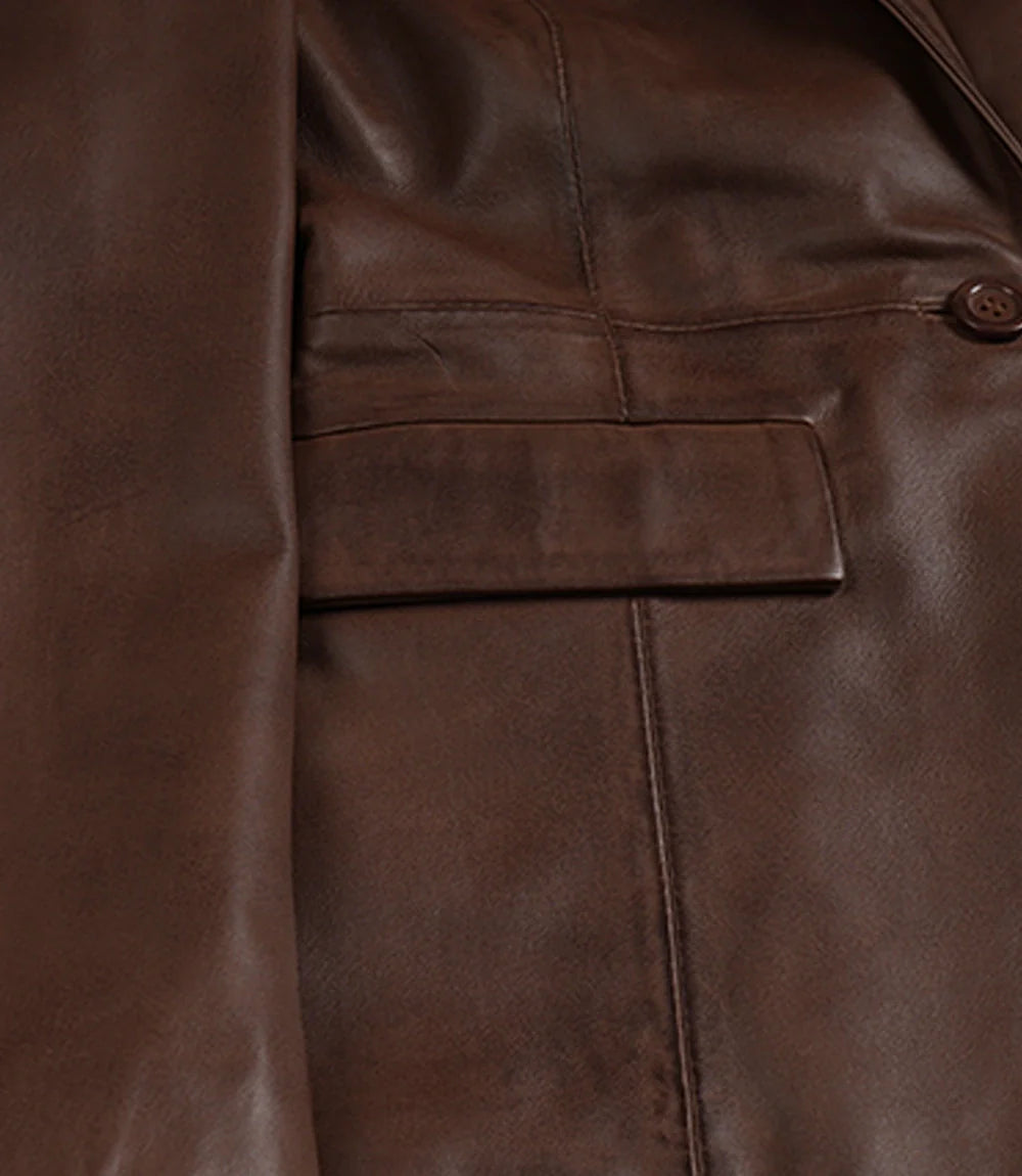 Women’s Brown Cognac Waxed Lambskin Leather Blazer – Single Button