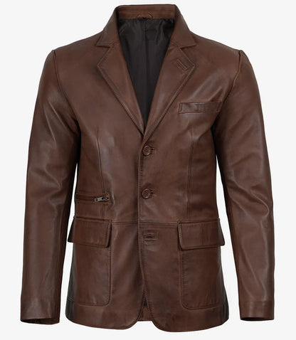 Mens Three Button Cognac Waxed Leather Blazer - Notch Lapel