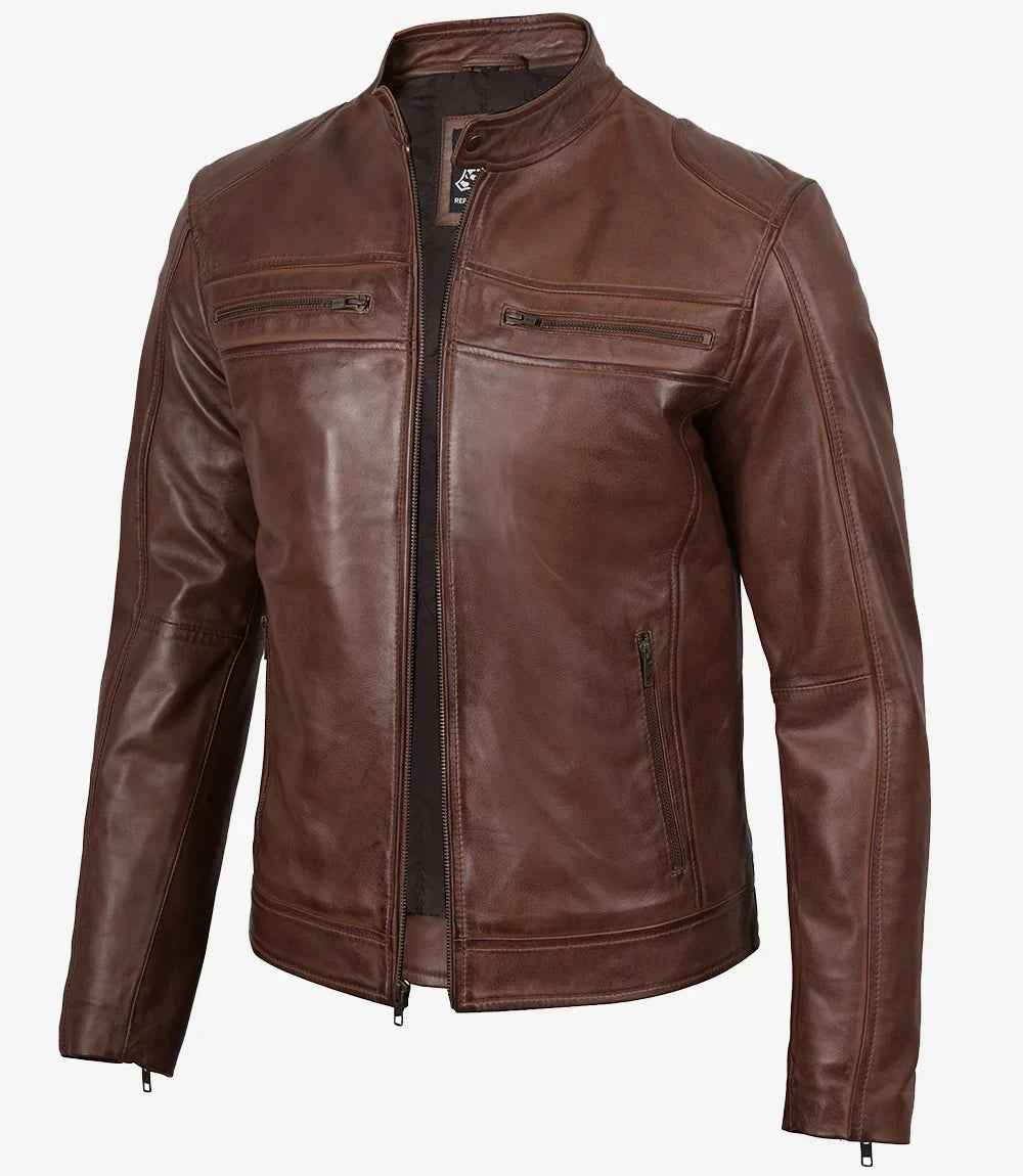 Men’s Cognac Brown Cafe Racer Lambskin Leather Jacket