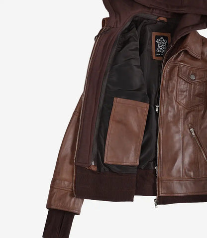 Tralee Women's Cognac Wax Bomber Leather Jacket With Removable Hood