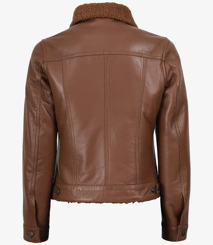 Women's Cognac Leather Trucker Jacket with Sherpa Lining