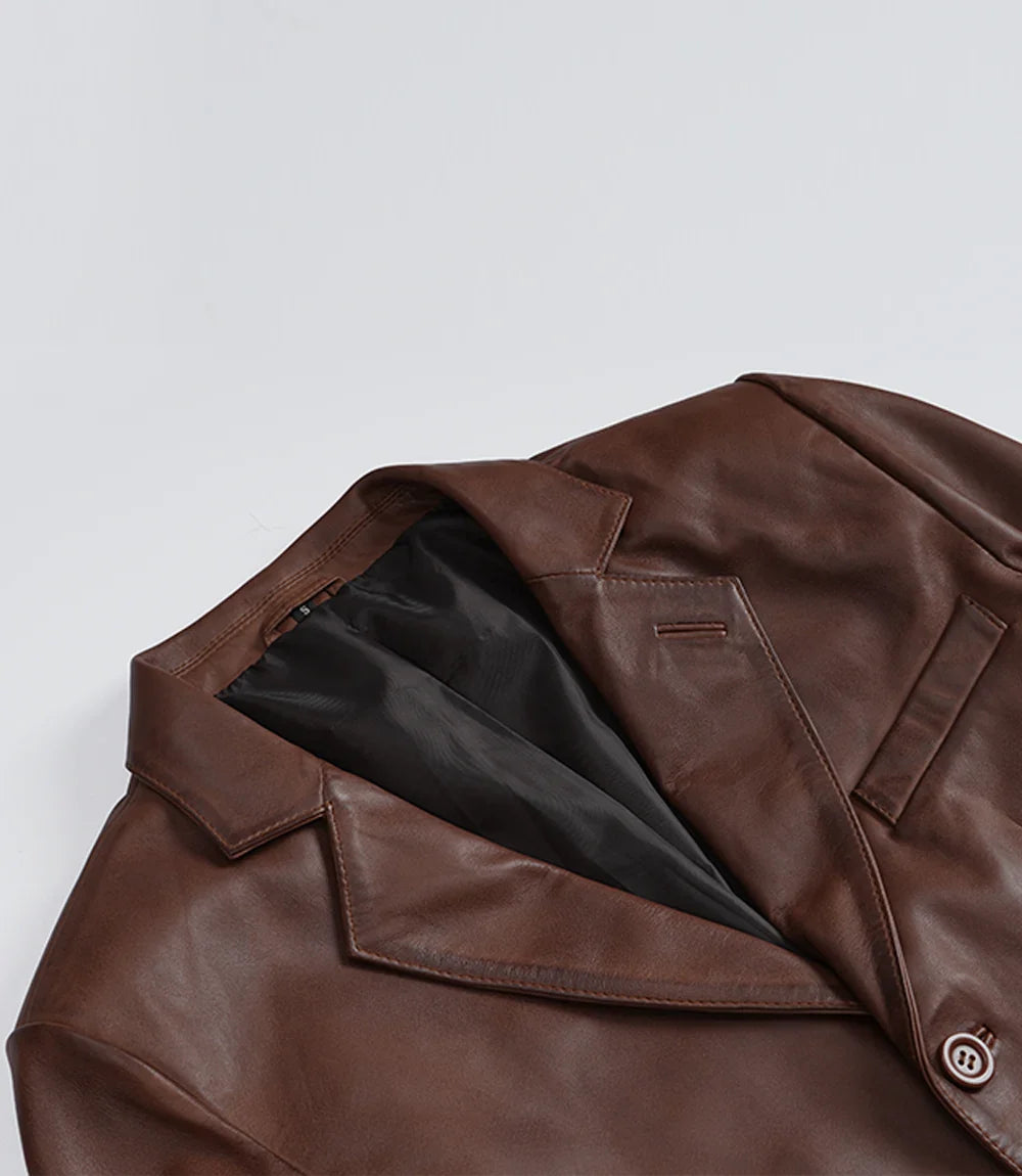 Mens Three Button Cognac Waxed Leather Blazer - Notch Lapel