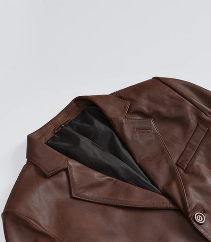 Mens Three Button Cognac Waxed Leather Blazer - Notch Lapel