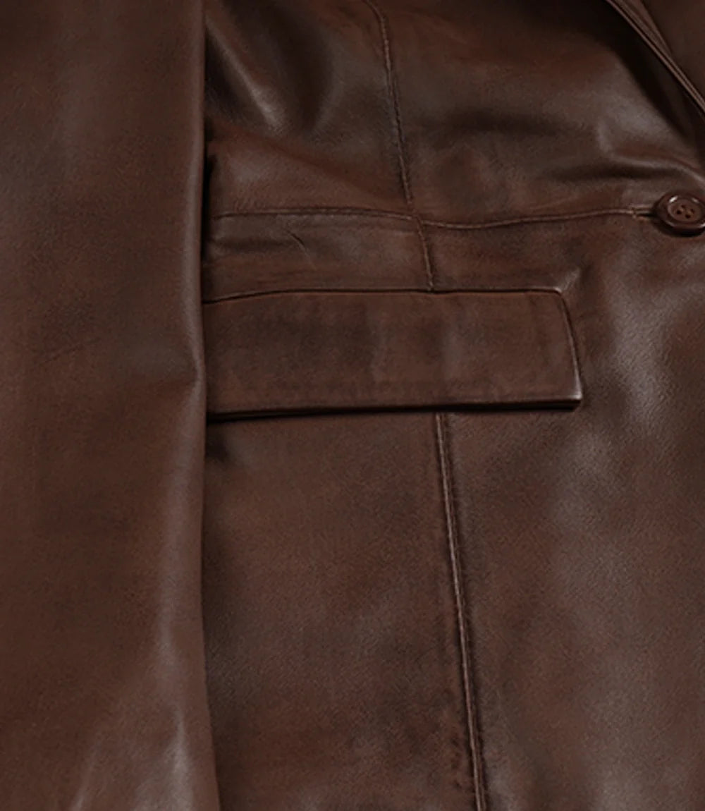 Women's Single-Button Lambskin Leather Blazer – Brown Cognac Wax
