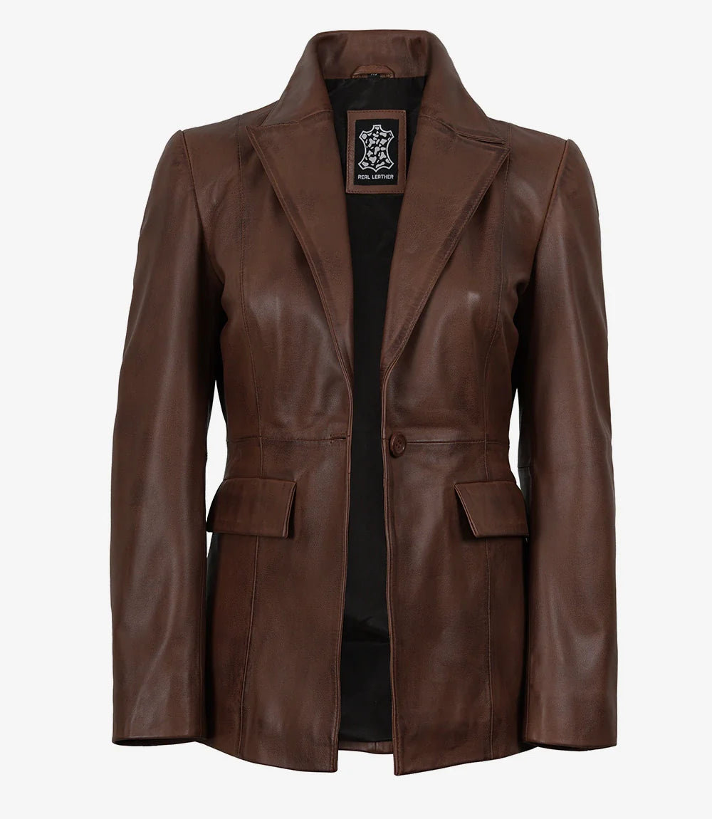 Women’s Brown Cognac Waxed Lambskin Leather Blazer – Single Button
