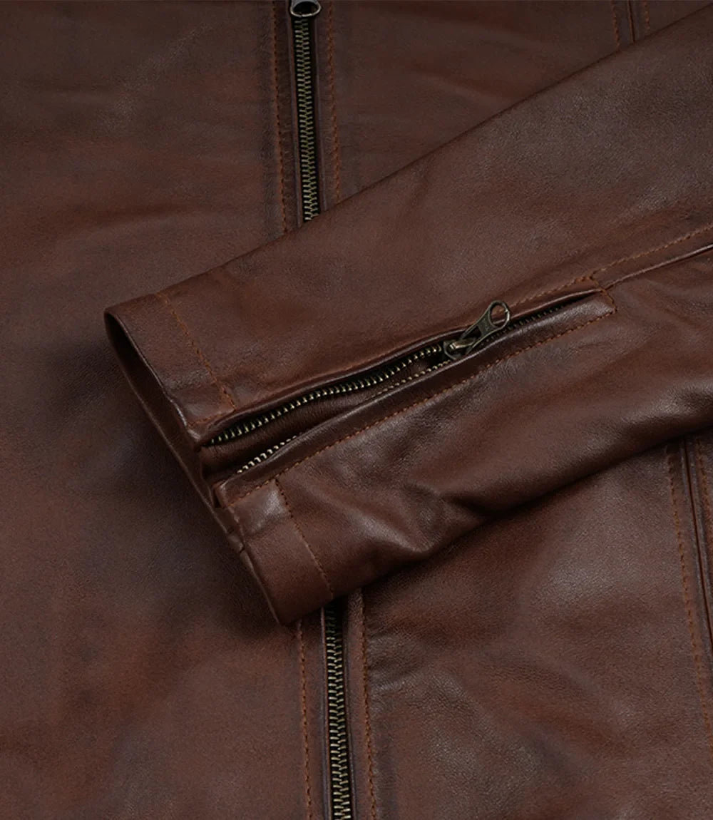 Mens Cognac Waxed Biker Style Leather Jacket with Hood