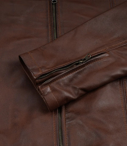 Mens Cognac Waxed Biker Style Leather Jacket with Hood