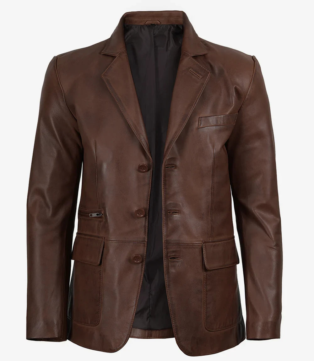 Mens Three Button Cognac Waxed Leather Blazer - Notch Lapel