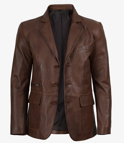 Mens Three Button Cognac Waxed Leather Blazer - Notch Lapel
