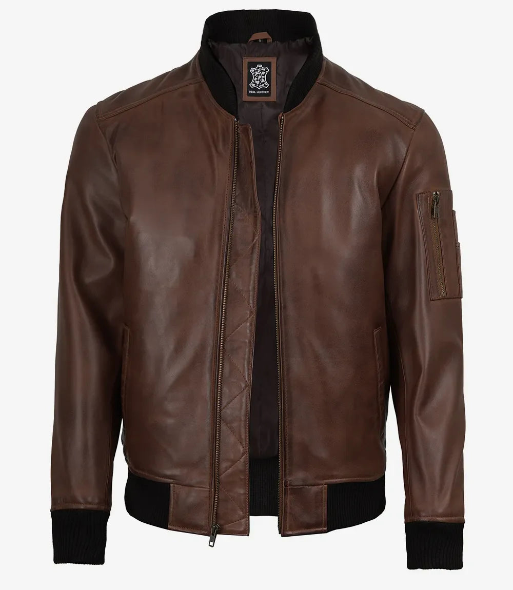 Men's Cognac Waxed Real Leather Bomber Jacket