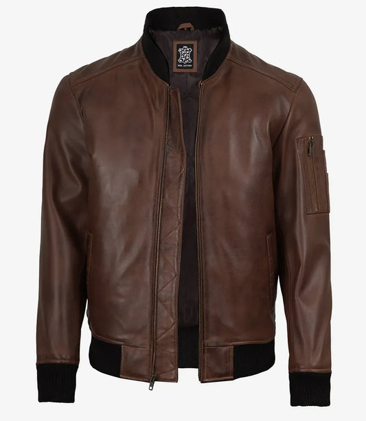 Men's Cognac Waxed Real Leather Bomber Jacket