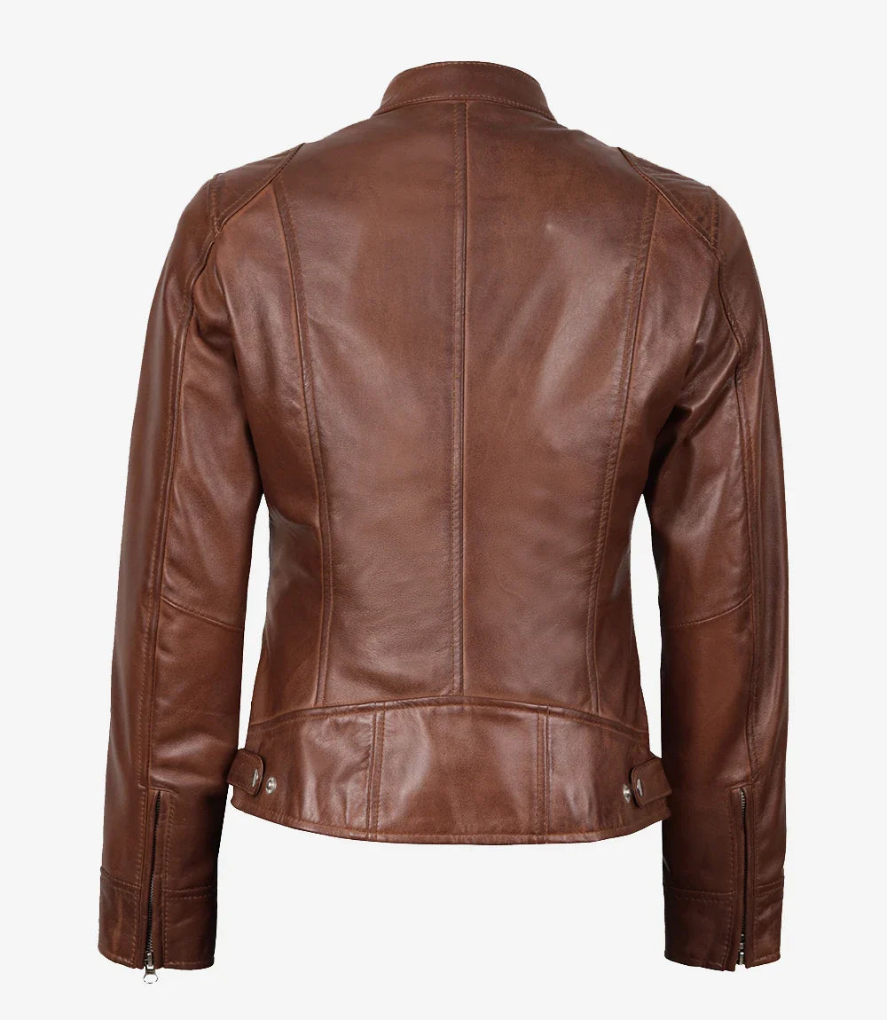 Women's Cognac Waxed Real Leather Biker Style Jacket