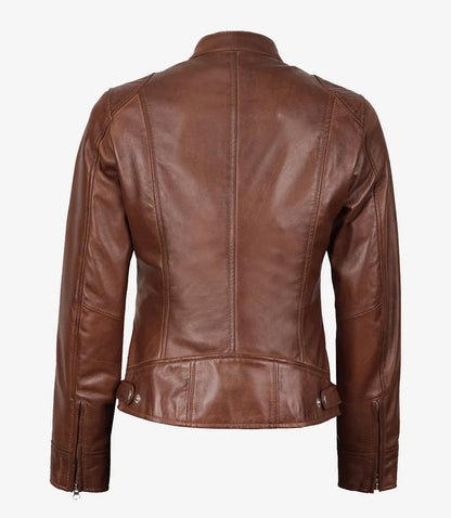 Women's Cognac Waxed Real Leather Biker Style Jacket