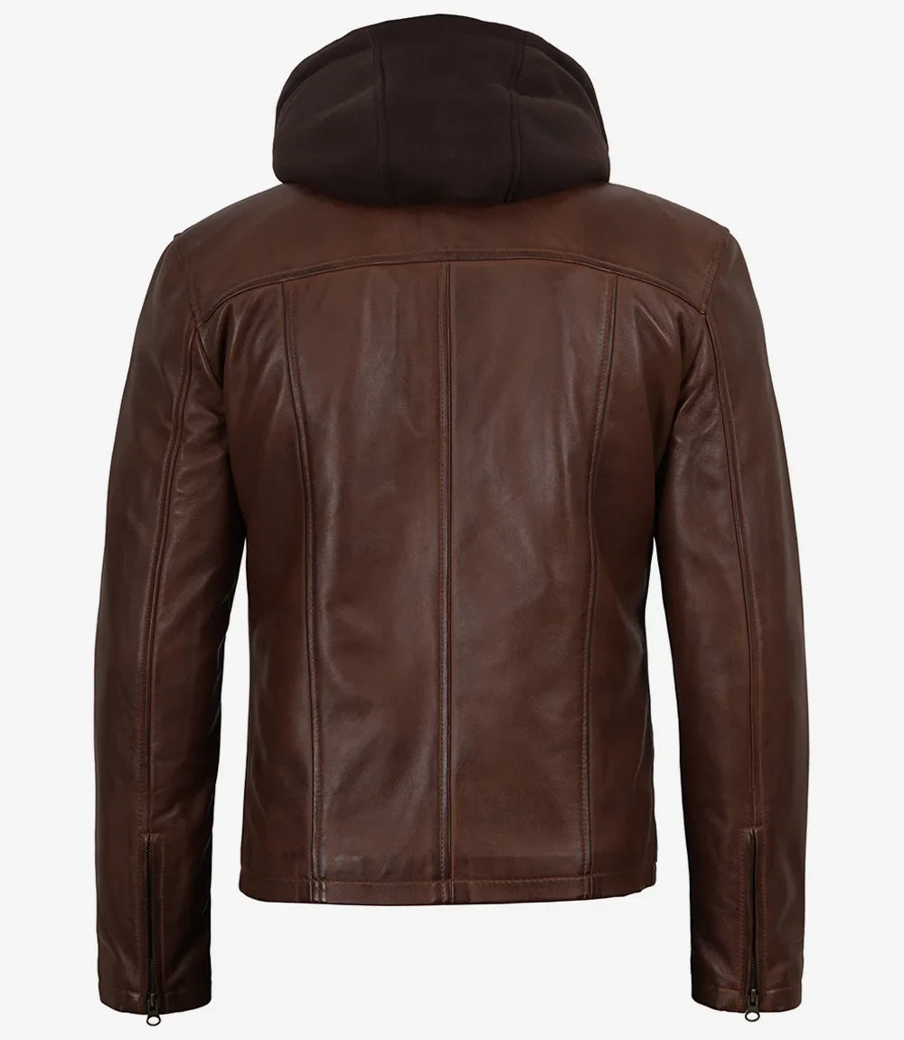 Mens Cognac Wax Cafe Racer Style Leather Jacket with Removable Hood