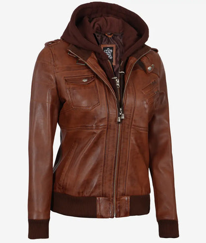 Women's Cognac Brown Leather Bomber Jacket