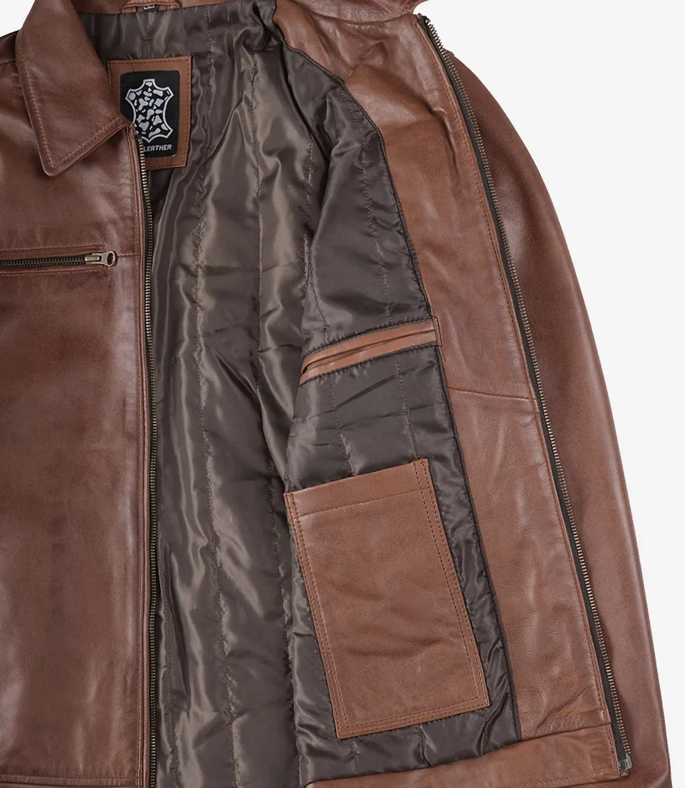 Men's Classic Shirt Collar Cognac Leather Jacket