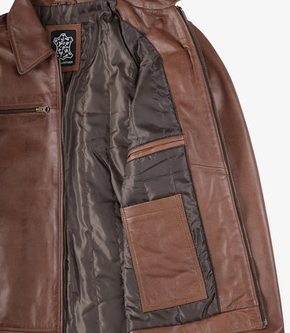 Men's Classic Shirt Collar Cognac Leather Jacket
