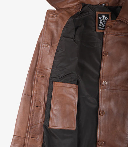 Women's Petite Brown Wax Real Leather Car Coat