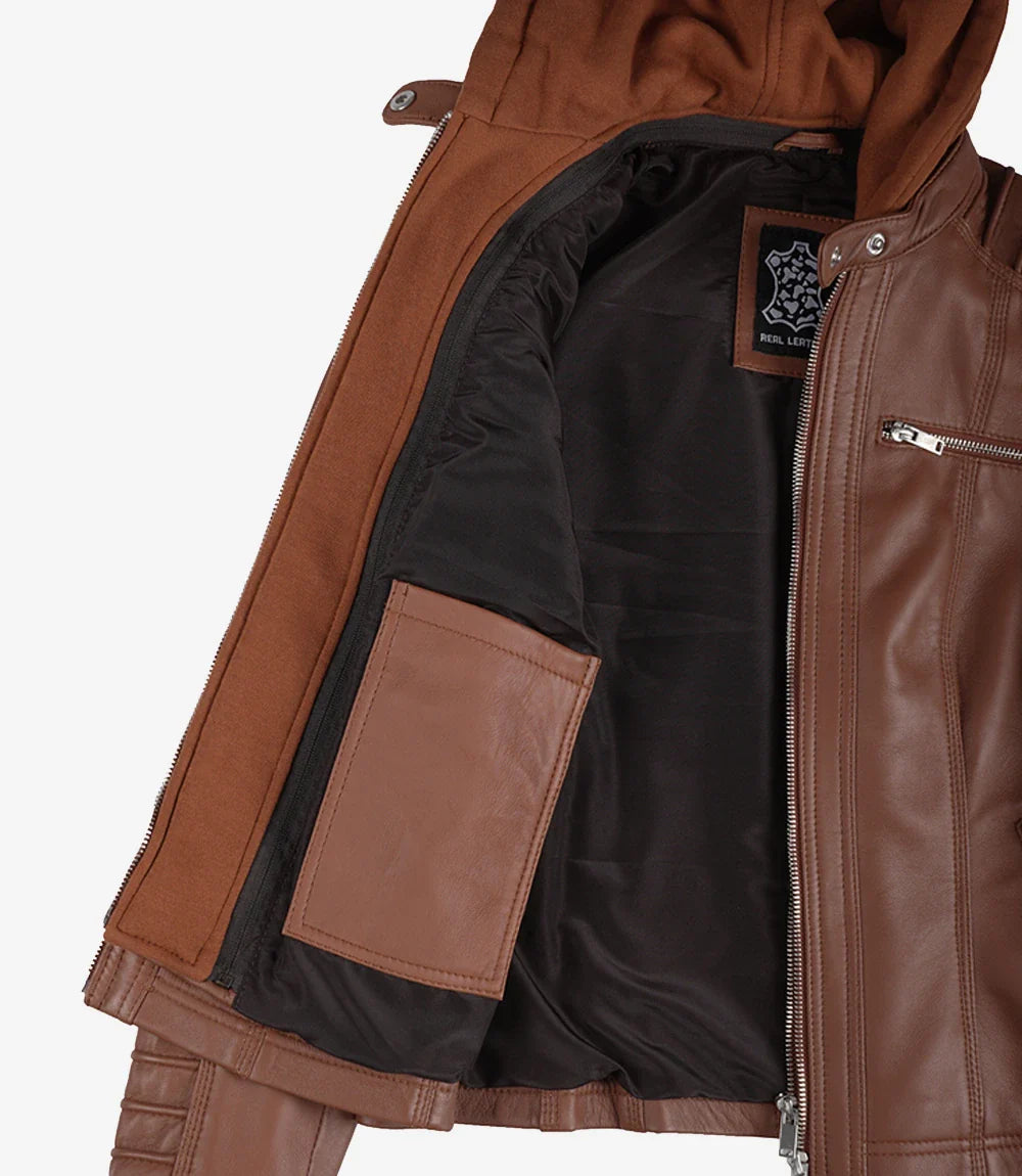 Helen Womens Cognac Leather Jacket with Removable Hood