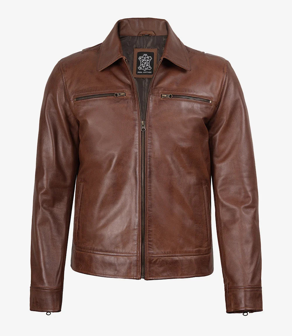 Men's Classic Shirt Collar Cognac Leather Jacket