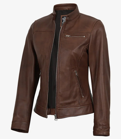 Women's Cognac Wax Cafe Racer Style Leather Jacket
