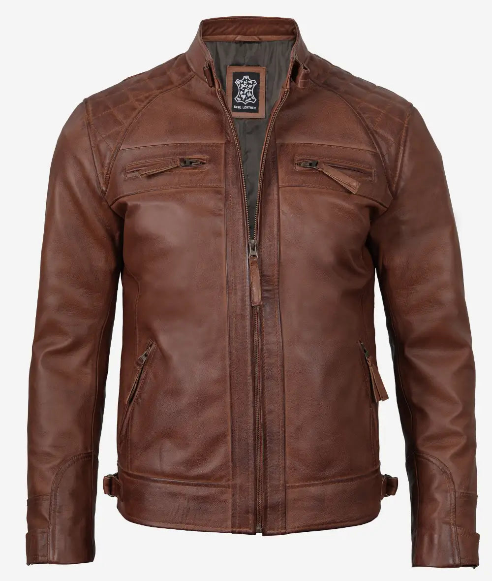 Johnson Mens Tall Cognac Biker Style Quilted Leather Jacket