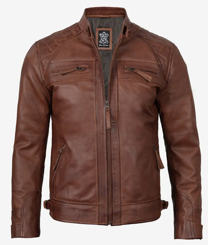 Johnson Mens Tall Cognac Biker Style Quilted Leather Jacket