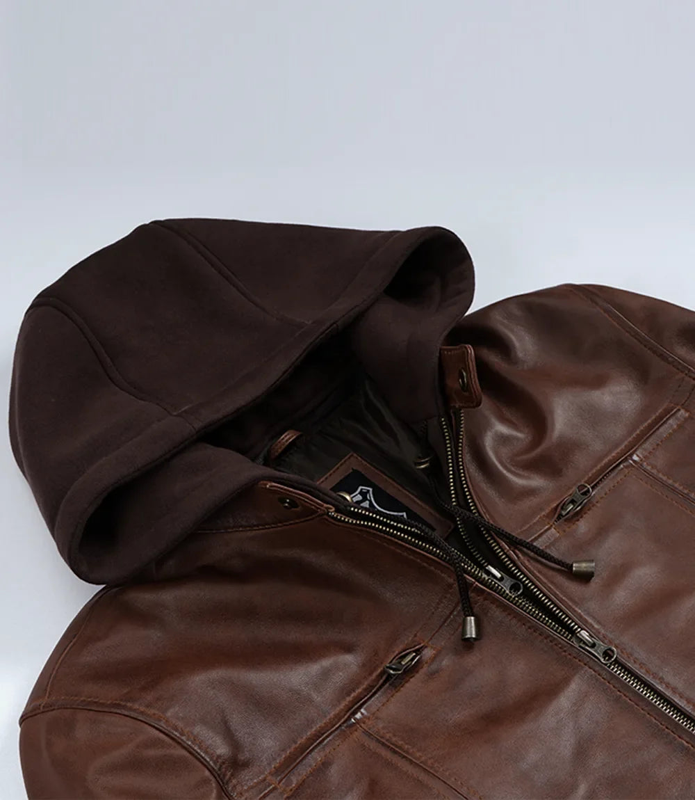 Mens Cognac Wax Cafe Racer Style Leather Jacket with Removable Hood