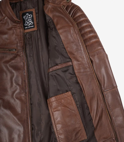 Mens Cognac Waxed Biker Style Leather Jacket