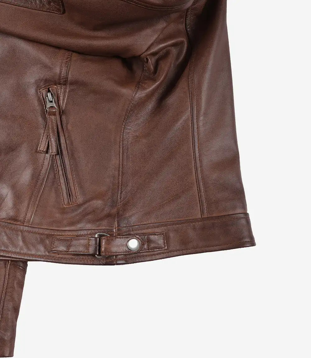 Womens Cognac Leather Biker Style Jacket - Quilted Shoulder