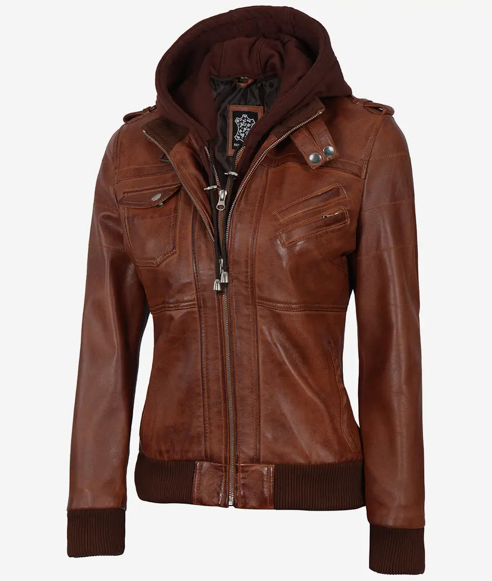 Women's Cognac Brown Leather Bomber Jacket