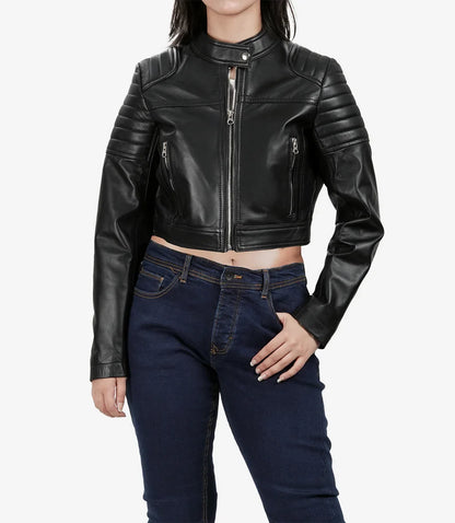 Women's Black Cropped Biker Style Leather Jacket