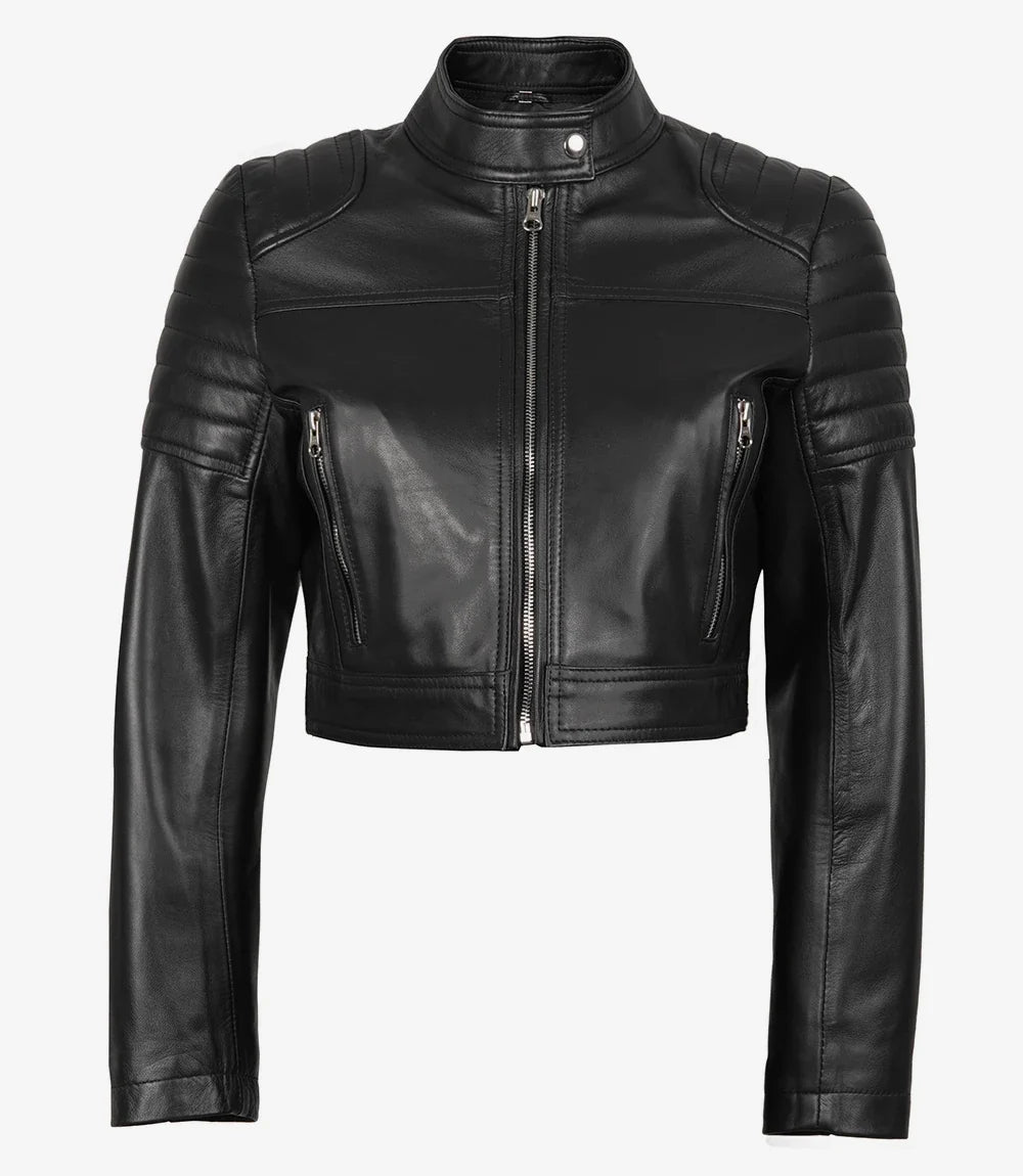 Women's Black Cropped Biker Style Leather Jacket